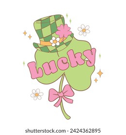 Groovy st patrick's day lucky clover leaf with hat cartoon doodle drawing.