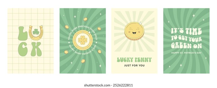 Groovy St. Patrick's Day. Lucky penny character, gold coins, horseshoe, shamrock, good luck wishes. A set of funny holiday cards with cheerful messages.