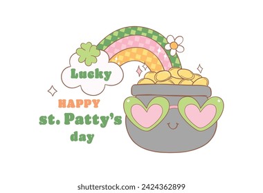 Groovy st patrick's day, st patty rainbow with clover leaves cartoon doodle drawing.