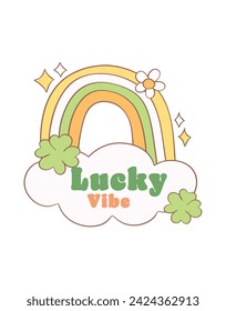 Groovy st patrick's day, st patty rainbow with clover leaves cartoon doodle drawing.