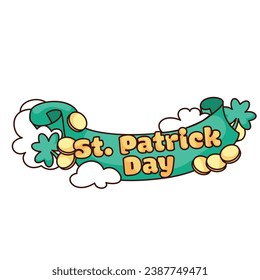 Groovy St Patricks Day Band Banner Vektorgrafik. Cartoon einzeln auf Retro-Komik mit grüner Fahne, Kobobold und glücklichem Klee, Banneremblem der irischen Feiertagsfeier