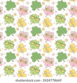 Groovy st patrick's day seamless pattern, cute retro cartoon doodle repeatable background 