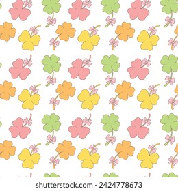 Groovy st patrick's day seamless pattern, cute retro cartoon doodle repeatable background 