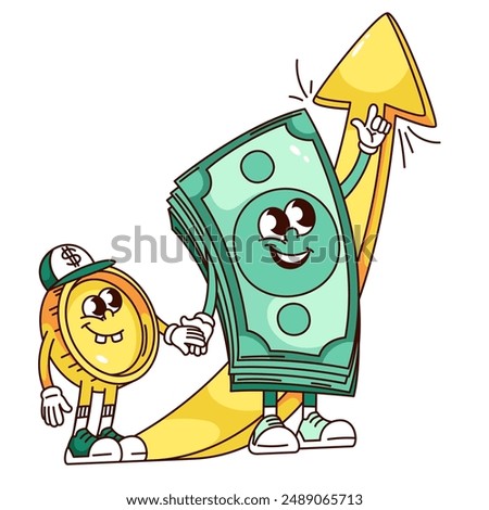 Groovy stack of money bills and coin cartoon characters with up arrow. Funny retro cash money friends holding hands. Financial success mascot, cartoon sticker of 70s 80s style vector illustration
