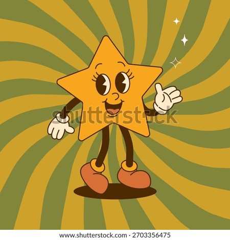 Groovy star character standing on a stylized swirling background. Playful vintage mascot artwork suitable for posters, stickers, cards, children projects and creative retro themed designs