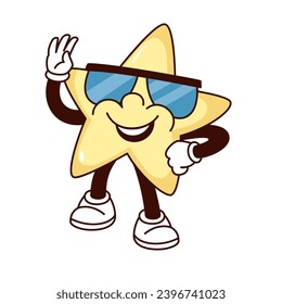 Groovy star character in sunglasses vector illustration. Cartoon isolated retro funny sticker of yellow star with glasses waving hand, happy mascot with arms and legs, smile expression on comic face
