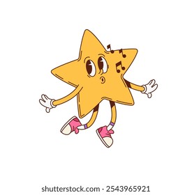 Groovy star geometric figure character. Preschool kids education basic shape cute cartoon retro character, kindergarten child learn whistling and dancing star figure cheerful groovy vector personage