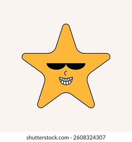 Groovy star sticker. Cartoon funny star character with cute facial emotion, retro 70s 80s vintage doodle element, flat yellow starry mascot. Vector isolated illustration.