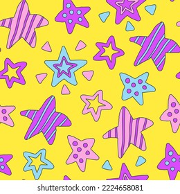 Groovy stars seamless pattern. Funny bright hand drawn festive seamless background. Colorful repeat vector illustration with various textured stars for party, birthday, greeting card