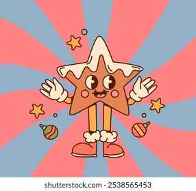 Groovy star-shaped gingerbread cookie character with icing and a happy expression, set against a colorful background. Christmas and holiday sweets concept.