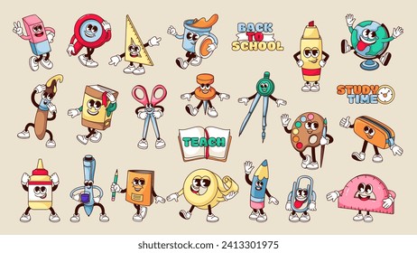 Groovy stationery stickers set vector illustration. Cartoon isolated retro comic school or office supply characters, collection of funny stationery personages, cute book and pen, pencil case to study