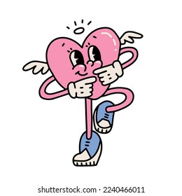 Pegatina grumosa con mascota del corazón bailando. Caricatura preciosa con alas y gesto encantador. Divertido y feliz concepto aislado del día de San Valentín . Estilo retro de los años 70. Ilustración vectorial graciosa