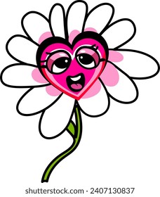 Groovy sticker with dancing Y2k pink groovy heart flower mascot. Cartoon lovely character. Fun happy Valentines day isolated concept . Retro 60s 70s style. Funky cute vector illustration.