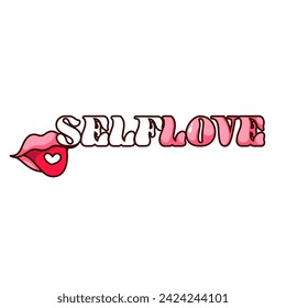 Groovy sticker with Self Love slogan vector illustration. Cartoon isolated retro psychedelic quirky badge with lips and tongue hanging out, love and wellbeing quote, positive saying