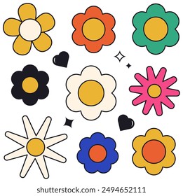 Groovy sticker set flowers. Vector illustration.