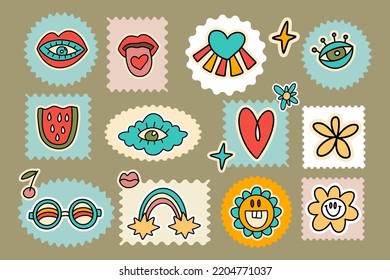 Groovy sticker set postage stamp, heart cloud eye, retro flower hippie 70s disco cartoon illustration vector element collection