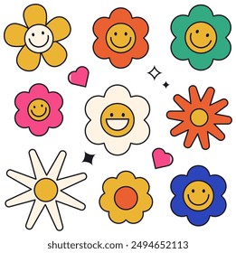 Groovy sticker set with smiling flowers. Vector illustration.