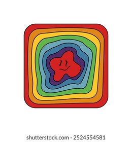 Groovy sticker of square shape with lines of psychedelic rainbow, distorted face inside vector illustration