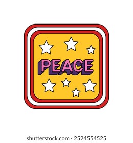 Groovy sticker of square shape with Peace text and stars vector illustration