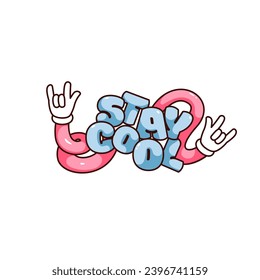 Groovy sticker with Stay Cool slogan vector illustration. Cartoon isolated retro sticker of wavy psychedelic hands with horns gesture of rock festival or metal band and text, cool hipsters patch