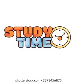 Groovy sticker with Study time text and retro clock vector illustration. Cartoon isolated retro patch for school students with education slogan and cute comic bubble font of letters, funny badge