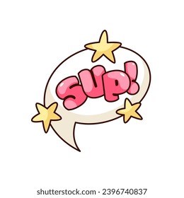 Groovy sticker with Sup text vector illustration. Cartoon isolated retro typography patch, Sup word of balloon pink font and stars inside speech bubble, slang greeting message of online communication