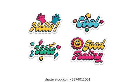 Groovy sticker word. Colorful typography with icons. Vector illustration of motivational word.