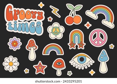 Groovy stickers 70s. Pop Art Patches. Hippie style, set cute retro labels. Retro prints with hippie elements for T-shirt, cards, stickers. Isolated on black background