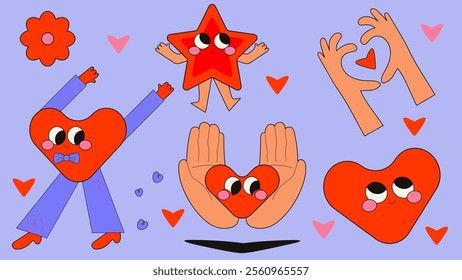 Groovy stickers with hearts for Valentine's day. Flat vector illustration.