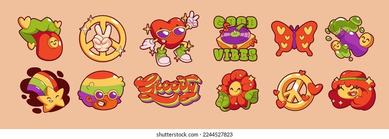 Groovy stickers, hippie icons with flower, rainbow, butterfly, peace sign and heart. Retro rave badges with peace hand gesture, love symbol, man and girl hippy, vector set in contemporary style