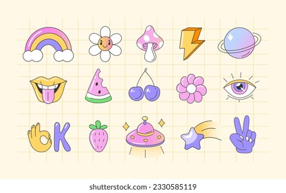 Groovy stickers or patches pack illustration set. Collections of funny vintage characters and trendy elements. Modern Y2K aesthetic. Retro psychedelic concept. Vector illustration