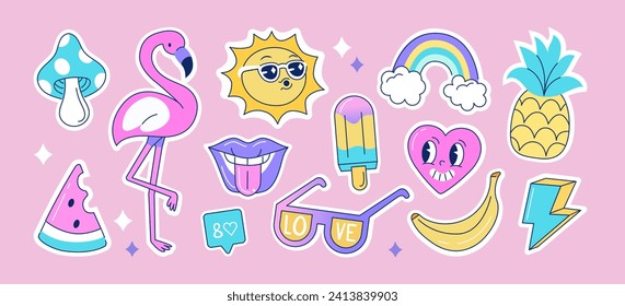 Envase de pegatinas o parches de groovy. Graciosos personajes retro, vintage, hippie. Amor, corazón, sol, flamingo y otros elementos de moda del verano. Concepto moderno de caricatura. Ilustración del vector  