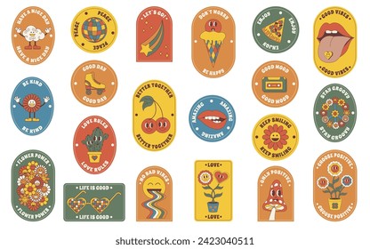Groovy stickers set. Groovy hippie 70s stickers. Sticker pack in trendy retro psychedelic cartoon style. Isolated vector illustration.