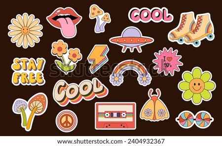 Groovy stickers set with rainbow, lips and flower. Vector flat illustration with trippy lettering. Weird retro graphic 70s and y2k
