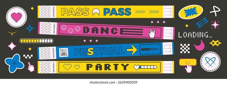 Groovy stickers shapes and hand bracelet tickets set. Music festival, party, concert wristbands, patches in retro rave style. Paper y2k show stamps and pixel art labels. Vector promo tags and badges.