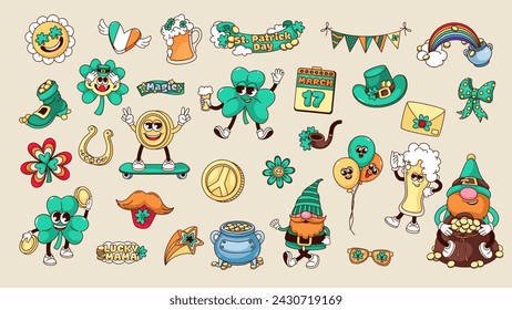 Groovy stickers for St Patrick Day set vector illustration. Cartoon isolated retro Irish elements collection with green lucky shamrock and beer, hat of leprechaun and pot with gold, balloons and heart