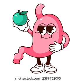 Caricatura estomacal groovy sosteniendo manzana verde. Funny feliz cuerpo digestivo humano de pie, mascota de dibujos animados de estómago retro, pegatina de nutrición saludable de ilustración vectorial de los años 70