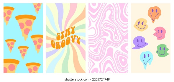 Groovy stories and post frame templates. Social media set design. Abstract retro aesthetic hippie backgrounds pack 70s, 80s, 90s style. Trendy girly сute design.