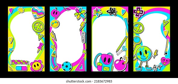 Groovy story template set. Frames for children photo album, invitation, note book, postcard. Retro 70s style and school stationery elements. Cute frame, border. Vector