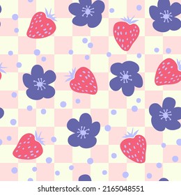 Groovy strawberries and flowers seamless pattern in 1970s style. Perfect for T-shirt, textile and print. Funky doodle vector illustration for decor and design.

