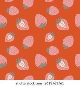 Groovy Strawberries Seamless Pattern Retro Psychedelic 70s Vector Design. Textured illustrations background.