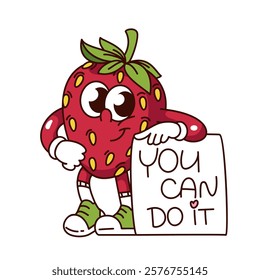 Groovy strawberry cartoon character and poster with You Can Do It quote. Funny retro strawberry with phrase of women movement. Feminism mascot, cartoon sticker of 70s 80s style vector illustration