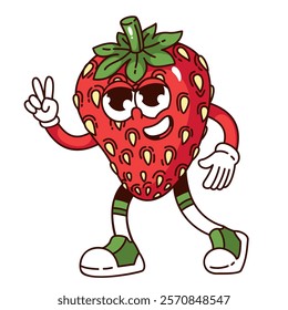 Groovy strawberry cartoon character showing gesture of peace. Funny retro personage with hippie sign. Berry fruit mascot, cartoon quirky strawberry sticker of 70s 80s style vector illustration