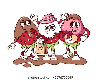 Groovy strawberry cartoon characters with chocolate splashes giving gifts. Funny retro berry friends. Dessert, Valentines day mascot, cartoon strawberry sticker of 70s 80s style vector illustration