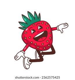 Groovy strawberry character vector illustration. Cartoon isolated Y2K sticker of jumping comic cute summer strawberry with legs and arms, funky funny positive smile on happy red fruit face with leaf