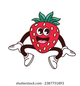 Groovy strawberry character vector illustration. Cartoon isolated retro fruit sticker of sitting comic red berry with funny smile on face, arms and legs, funky strawberry patch for summer vacation