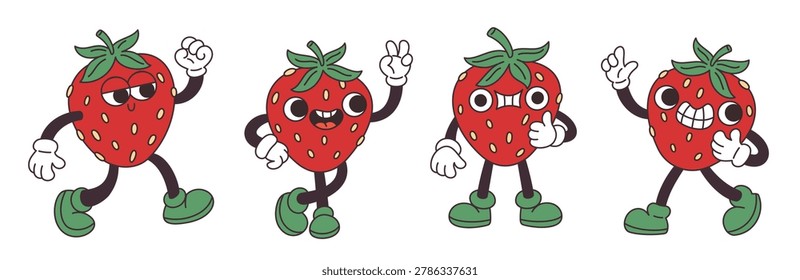 Personajes de fresa estupendos. Groovy bayas, divertida mascota de dibujos animados retro, fruta dulce roja, diferentes poses, cara funky, juguetón comida fresca estilo de vida saludable snack ingrediente Vector chillón aislado conjunto