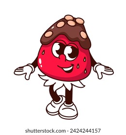 Groovy strawberry in chocolate cartoon character vector illustration. Retro berry fruit sticker with funny smile on face, sweet love and strawberry dessert for Valentines Day