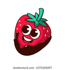 Groovy strawberry in chocolate character vector illustration. Cartoon isolated cute retro berry fruit sticker with funny smile on face, sweet love gift and strawberry dessert for Valentines Day