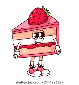 Groovy strawberry cream cake cartoon character with smile. Funny retro birthday cake slice in sneakers, confectionery mascot, cartoon sweet dessert sticker of 70s 80s style vector illustration